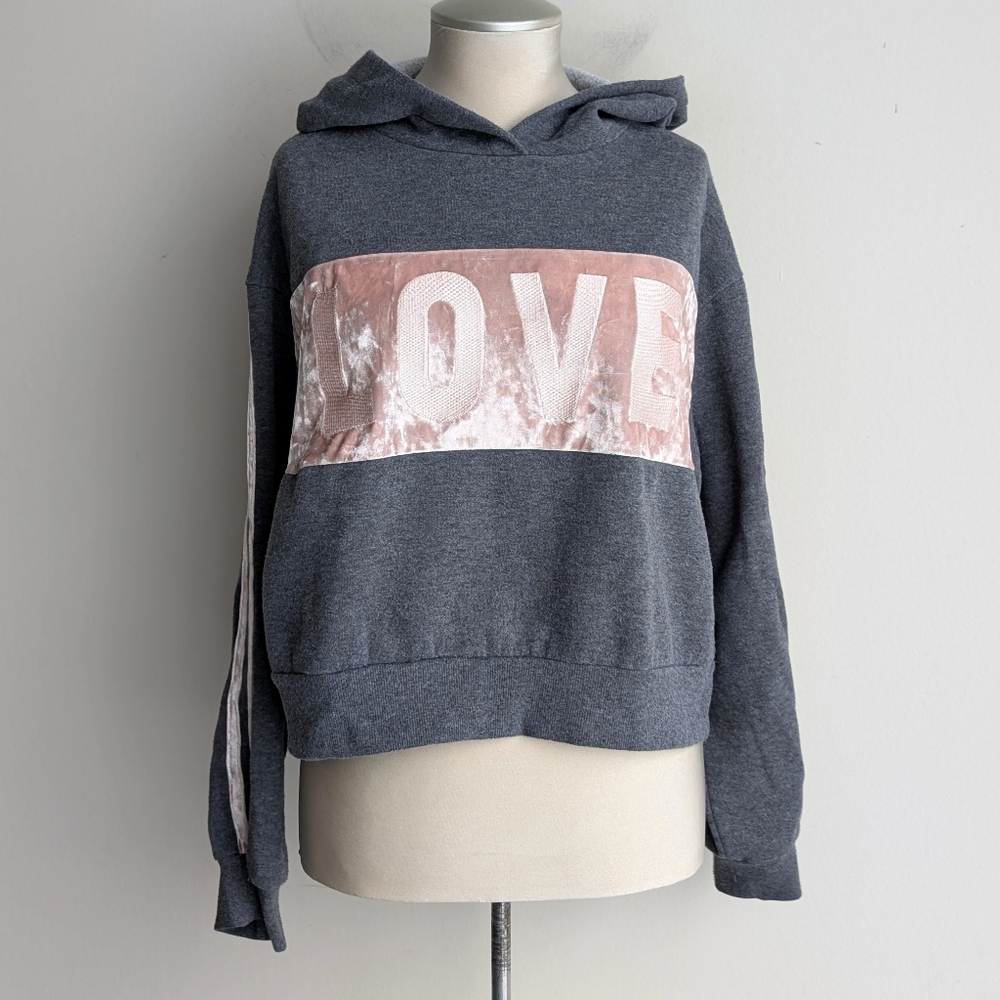Gray and Pink Velvet "Love" Hoodie Sweater